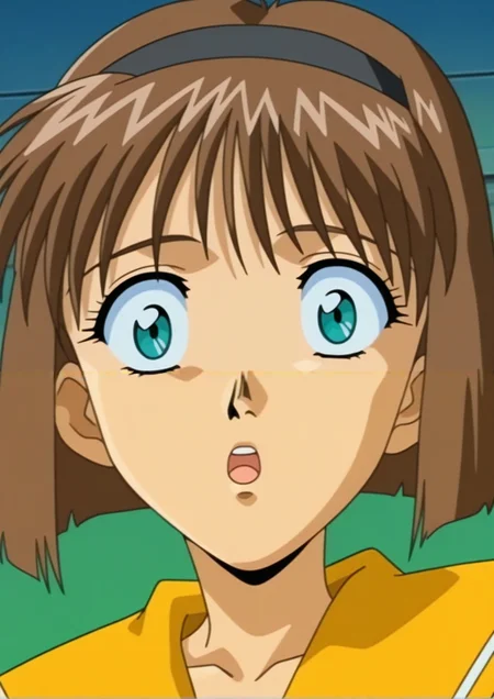 1990s (style),anime coloring,anime screencap,looking at viewer,dutch angle,<lora:Tomoko_Kitazawa_Illustrious_from_Immoral_Sisters (1):1>,tomoko,brown hiar,short hair,portrait,schooluniform,shocked,