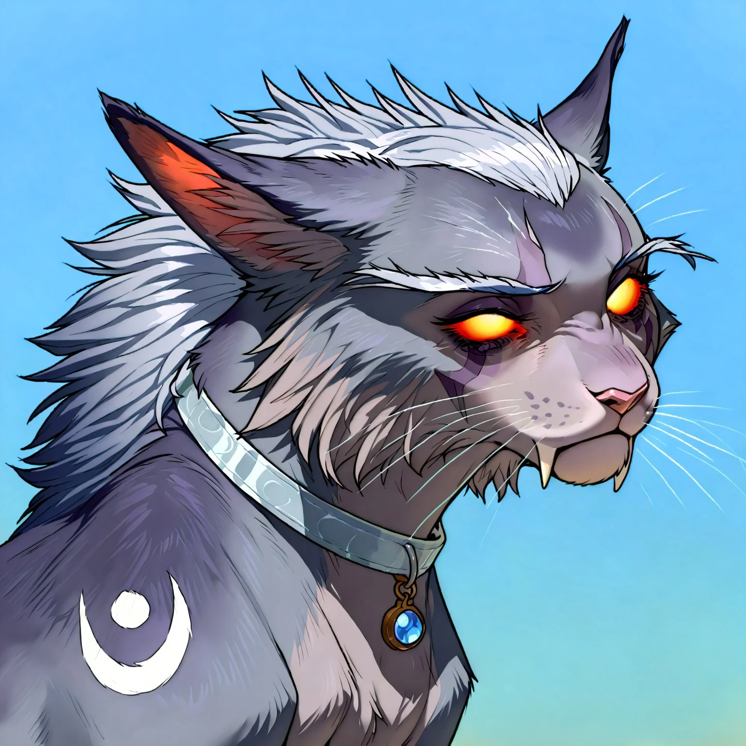 <lora:WoW_NEDruidCat_a1_1_NoobXL-eps>masterpiece,semi-realistic forms of felines,best quality,amazing quality,high quality,very aesthetic,absurdres,newest,shaded,digital media \artwork\,depth of field,wownedrucat,solo,feral,detailed feral, blue blank eyes,transparent sclera,glowing eyes,full size portrait, grey violet eye markings,shoulder markings, a little opened mouth,sabertooth,side view,pose,gray with light violet shading fur, silver hair,sad face,sitting,sad eyes, ears pressed back in fear, head looking to the left side, deep thinking, long realistic ears, ultra detailed realistic feline face, elegant white whiskers, silver leather collar without pendants, blue stone on the collar, fluffy hair that lays only on the back and forehead,ash ears, light peach color nose, nude natural soft color composition, background is soft and perfectly contrasts with the main object of the picture, soft colors gradient background, natural colors of the background that perfectly contrast with the main object of the picture, soft lighting from the left edge of the picture