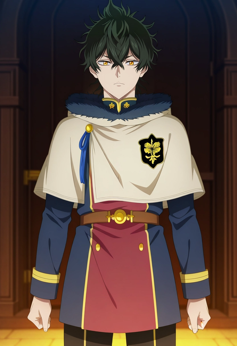 masterpiece, best quality, anime screencap, official style, anime coloring, 1boy, solo, male focus, <lora:yuno_black_clover_ilxl:0.9>, yuno_black_clover, black hair, yellow eyes, short hair, hair between eyes, fur trim, cowboy shot