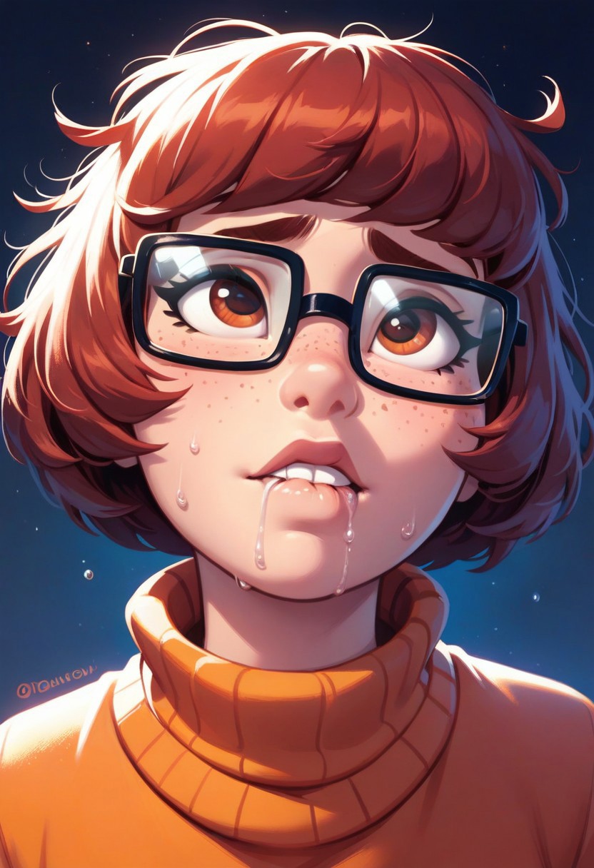 score_9, score_8_up, score_7_up, score_6_up, score_5_up, score_4_up, 1girl, Velma dinkley, square glasses with blue lenses, freckles, messy bob cut, blushing, sweat, close up of face looking up out of panel, biting lip, drool, dark background, orange turtleneck