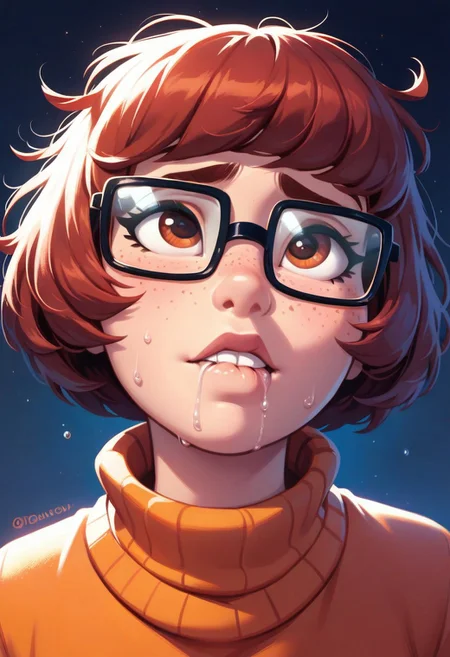 score_9, score_8_up, score_7_up, score_6_up, score_5_up, score_4_up, 1girl, Velma dinkley, square glasses with blue lenses, freckles, messy bob cut, blushing, sweat, close up of face looking up out of panel, biting lip, drool, dark background, orange turtleneck