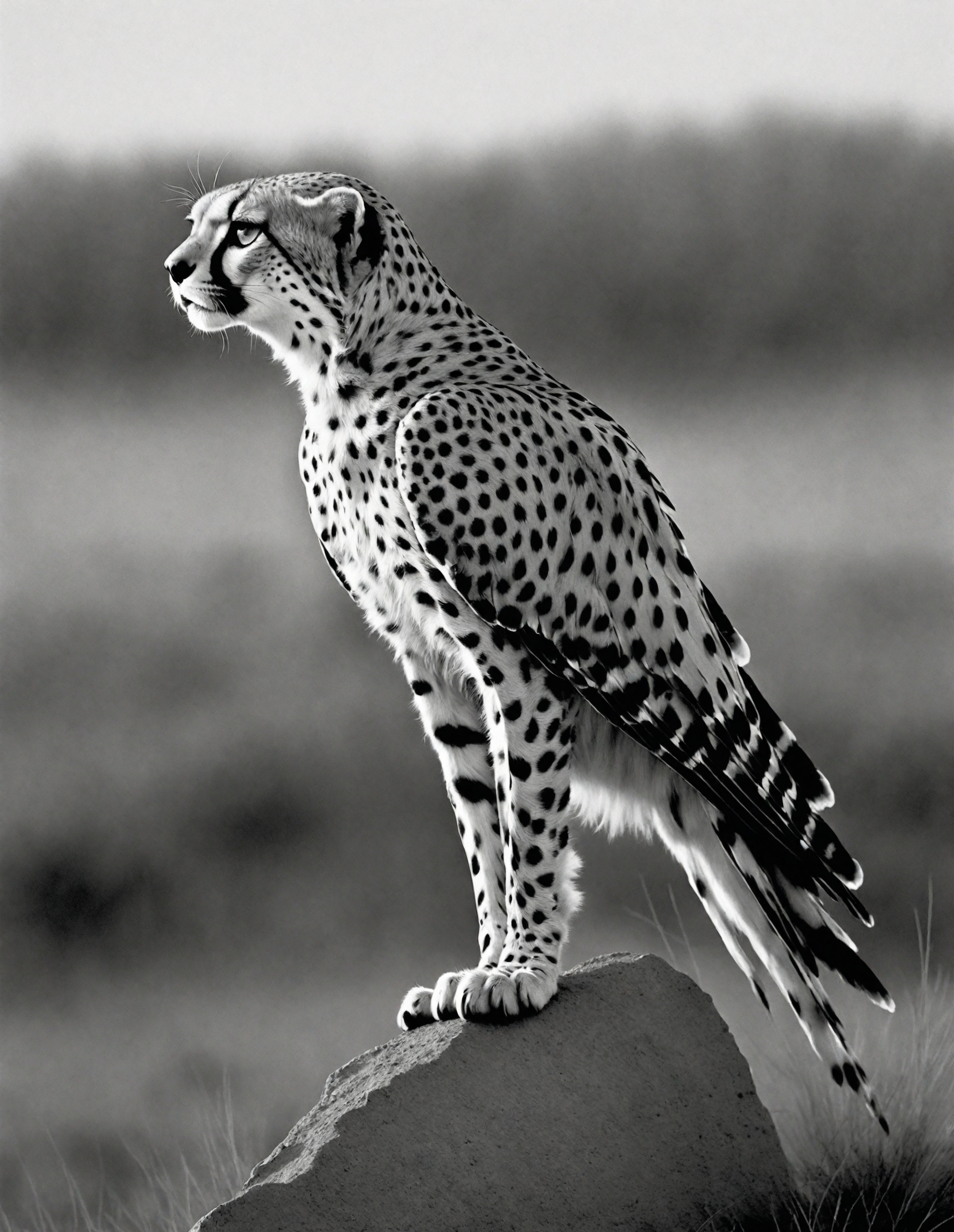 Original Visionary Kestrel, cheetah print fauna, at Dawn, deep focus, Depressing, Monochromatic Colorless filter, art by Lee Miller
