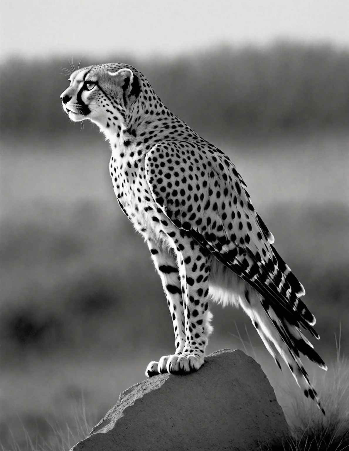 Original Visionary Kestrel, cheetah print fauna, at Dawn, deep focus, Depressing, Monochromatic Colorless filter, art by Lee Miller