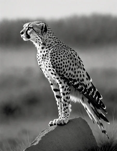 Original Visionary Kestrel, cheetah print fauna, at Dawn, deep focus, Depressing, Monochromatic Colorless filter, art by Lee Miller