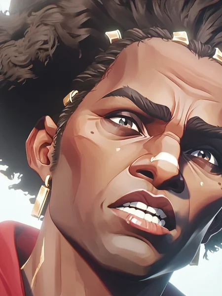 score_9, score_8_up, score_7_up, Ambessa Medarda, a woman with a black hair and a red jacket, solo, 1boy, male focus, parted lips, teeth, dark skin, black eyes, dark-skinned male, portrait, afro, <lora:arcane_pony_v1-2_mx:0.95>