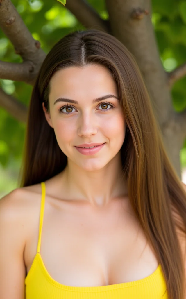 a portrait of a young woman.  She has long brown hair and is wearing a yellow spaghetti strap top.  Her eyes are brown and she has a slight smirk on her face.  There is a tree behind the woman with green leaves.  The woman is looking directly at the camera with a slight smile on her lips.