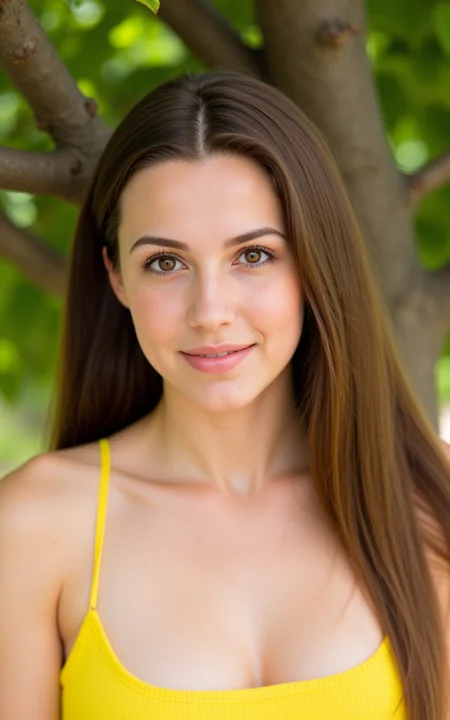 a portrait of a young woman. She has long brown hair and is wearing a yellow spaghetti strap top. Her eyes are brown and she has a slight smirk on her face. There is a tree behind the woman with green leaves. The woman is looking directly at the camera with a slight smile on her lips.