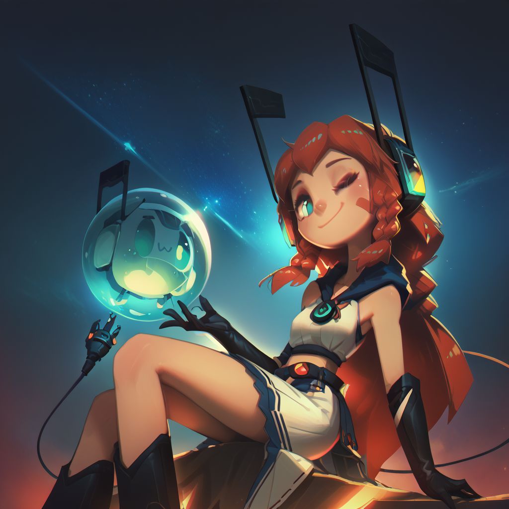 score_9, score_8_up, score_7_up, score_5_up, 28y old girl, pale skin, tall girl, long (((thick))) neck, long legs, (sitting), astronaut engineer, gradient brass to copper, heavy visor robot eye on one eye, two eyes, oversize long thick darkcopper skirt, ((engineer gloves)), taped long skirt above legs, heavy utility tools belts hanging, champion belt with huge buckle with many toolboxes, oversize hoodie on back, red thick rubber oversize hood on the back top, open helmet, covered ears, light plate space armor, heavy backpack, covered neck with radio, microphone from headset to mouth, thick black wires around, ((oversize)) thick glass bubble helmet transparent, mecha long winglike antennas above helmet, square oversize glasses, white rubber heavy sneakers, white long socks, translucent slime boy, (((black thick and long wire tail))),  beautiful eyes, (((detailed eyes, detailed face))), (smug), (((long)) (tape) (striped) hairstyle with this single ((large)) (((very long))) taaped braid, soft shading, 8k, masterpiece, face and waist close-up shot, dark space background,