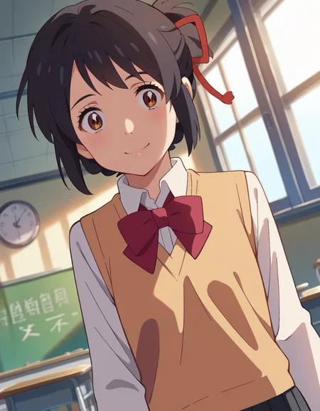 score_9, score_8_up, score_7_up, source_anime,
mitsuhamiyamizu, <lora:mitsuha-miyamizu-ponyxl-lora-nochekaiser:1>,
mitsuha miyamizu, black hair, brown eyes, smile,
short hair, bow, ribbon, hair bun, school uniform, hair ribbon, bowtie, red ribbon, sweater vest, light brown sweater, shirt, white shirt, collared shirt, long sleeves, skirt, black skirt, pleated skirt,
indoors, classroom,
looking at viewer, dutch angle, cowboy shot,