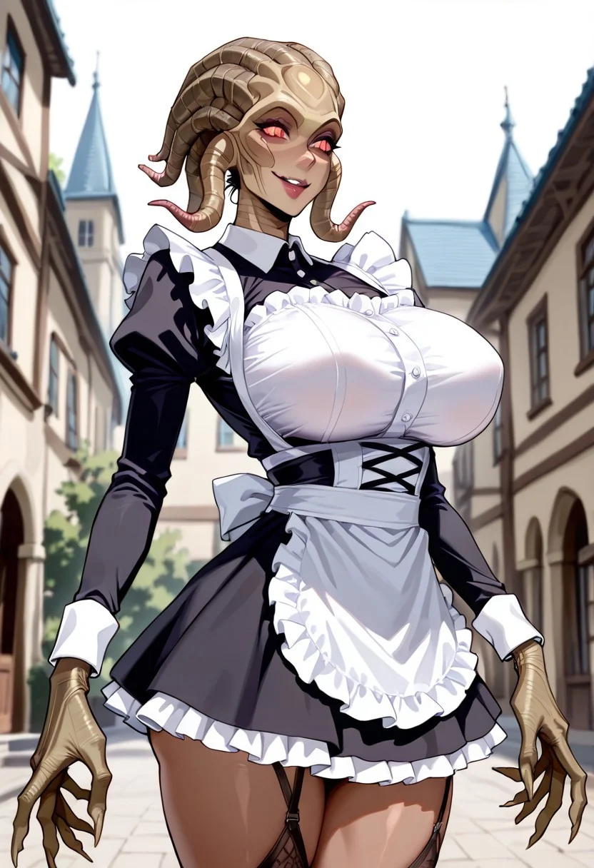 score_9, score_8_up, score_7_up, score_6_up, 1 girl, cowboy shot, huge breasts, thighs, (best quality, 8K, high-resolution, masterpiece), ultra-detailed, best quality, masterpiece, complicate details, negative_hand, zPDXL3, s1l, alien, claws, mansion, windows, maid outfit, skirt, smile,