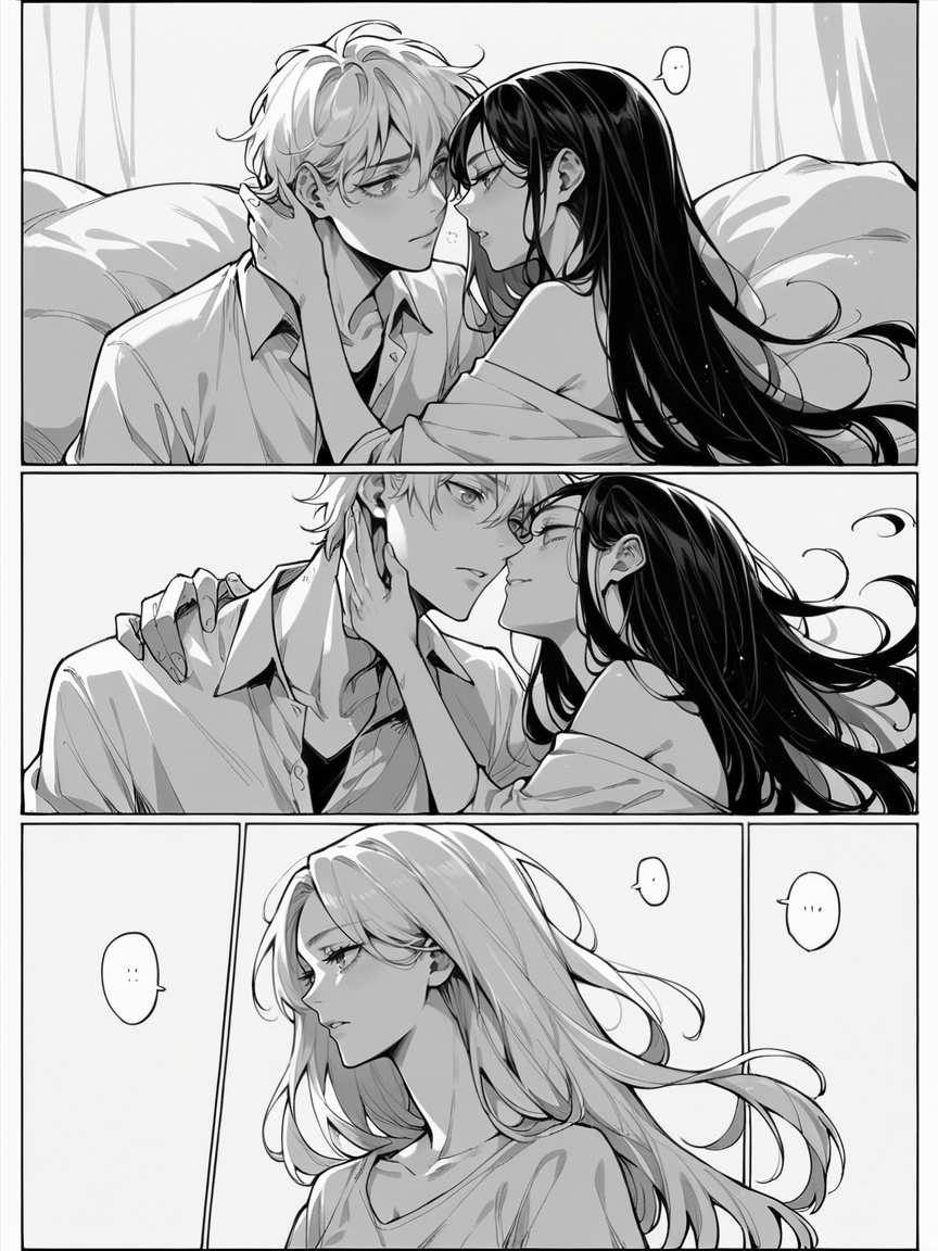 score_9, score_8_up, score_7_up, score_6_up, 1girl, m4ng4, manga, monochrome, greyscale, long hair, couple, hetero, 1boy, comic, <lora:m4ng4XLP:1> panels,