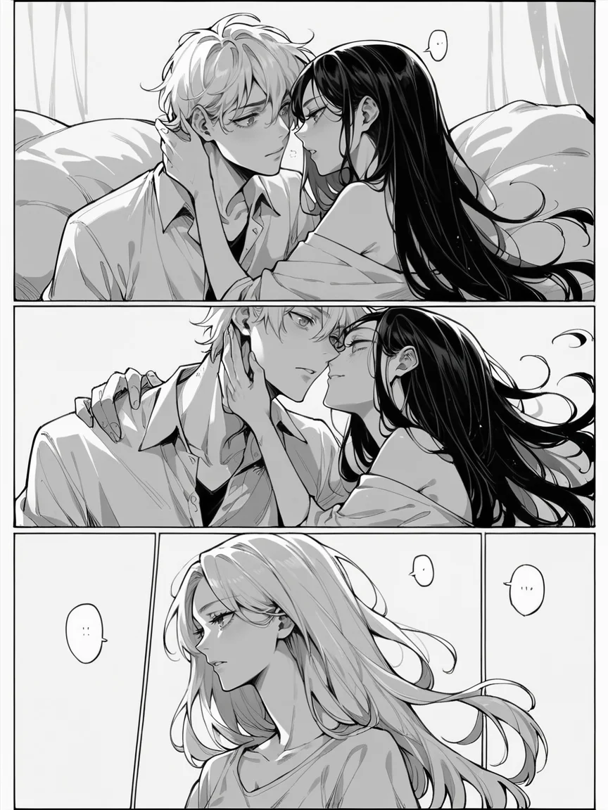score_9, score_8_up, score_7_up, score_6_up, 1girl, m4ng4, manga, monochrome, greyscale, long hair, couple, hetero, 1boy, comic, <lora:m4ng4XLP:1> panels,