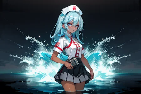 highly insanely detailed, masterpiece, top quality, best quality, highres, 4k, 8k, RAW photo, (very aesthetic, beautiful and aesthetic),  
(rsef style,fevercell style), 
<lora:rsef-000225:0.7>, 
(1girl:1.3), 
1other, 
nurse wearing a nurse cap, button-up shirt with nursing emblem, A-line skirt, white stockings, closed-toe nursing sandals, medical watch,badge reel,National Revolutionary Army,NRA1926,NRA militia,NRA soldier,holster,handgun,Mauser C96 pistol,box pistol,box gun,MP18 SMG,leather SMG pouch,holster,handgun,pistol,M1911,jiangshi,zombie,noble man,makeup,blue eyes,eyeshadow,blue eyeshadow,eyeliner,eyelashes,Thin eyebrows,pale skin,white skin,light skin,side-swept bangs,cool,hair ornament,dark_skin,tan_skin,tanned skin,dark skin,dark-skinned,black-skinned,bronze skin,bronzed skin,cinematic Bronze tan tanning skin tone,traditional Vietnamese conical hat,Non la, 
, 
, 
(nonipples,Nipless), 
koi pond, 
,âââ