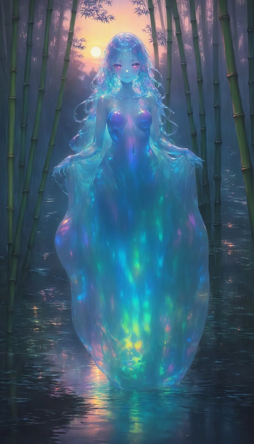 <lora:amano_yoshitaka_xl:0.6> <lora:IOS_Iridescent_opal_style:0.6>, (slime girl), phantasmagorical figure, ((translucent skin:1.5))), (((translucent body:1.5)))), colorful, fantasy, emerging from a lake in a bamboo forest, twilight ((masterpiece, best quality))