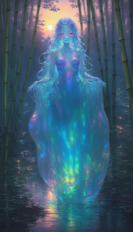 <lora:amano_yoshitaka_xl:0.6> <lora:IOS_Iridescent_opal_style:0.6>, (slime girl), phantasmagorical figure, ((translucent skin:1.5))), (((translucent body:1.5)))), colorful, fantasy, emerging from a lake in a bamboo forest, twilight ((masterpiece, best quality))