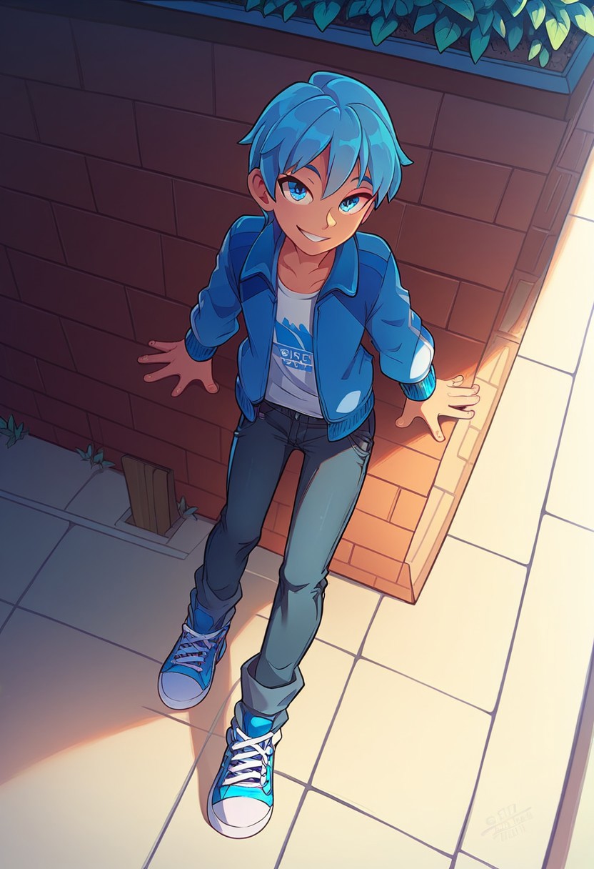 (((beautiful, high quality))), score_9, score_8_up, score_7_up, score_9, score_8_up, score_8, masterpiece, best quality, unrealistically high details, extremely high quality, ultra high detail, good anatomy, anime style, full body, park background BREAK cute, ((1boy, solo, blue hair, cyan eyes, smile,  skinny boy, (((
blue racing driver's jacket, black jeans, blue sneakers, sultry look, looking at viewer))), dramatic angle, (ray tracing, good shadows, score_9, score_8_up, score_7_up),