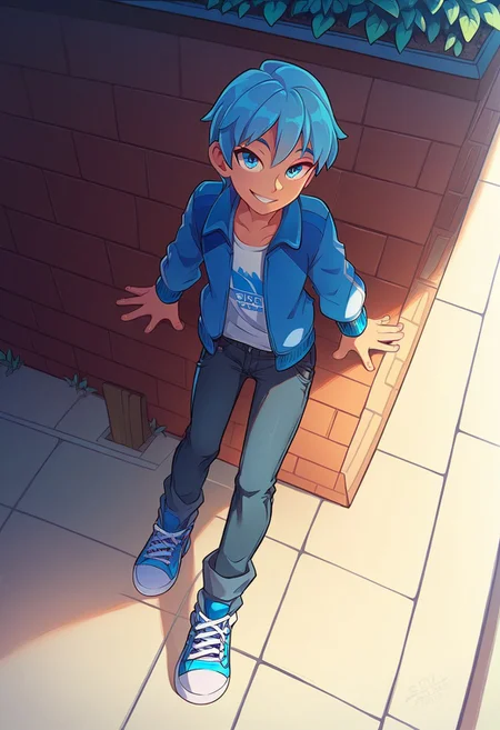 (((beautiful, high quality))), score_9, score_8_up, score_7_up, score_9, score_8_up, score_8, masterpiece, best quality, unrealistically high details, extremely high quality, ultra high detail, good anatomy, anime style, full body, park background BREAK cute, ((1boy, solo, blue hair, cyan eyes, smile, skinny boy, (((
blue racing driver's jacket, black jeans, blue sneakers, sultry look, looking at viewer))), dramatic angle, (ray tracing, good shadows, score_9, score_8_up, score_7_up),