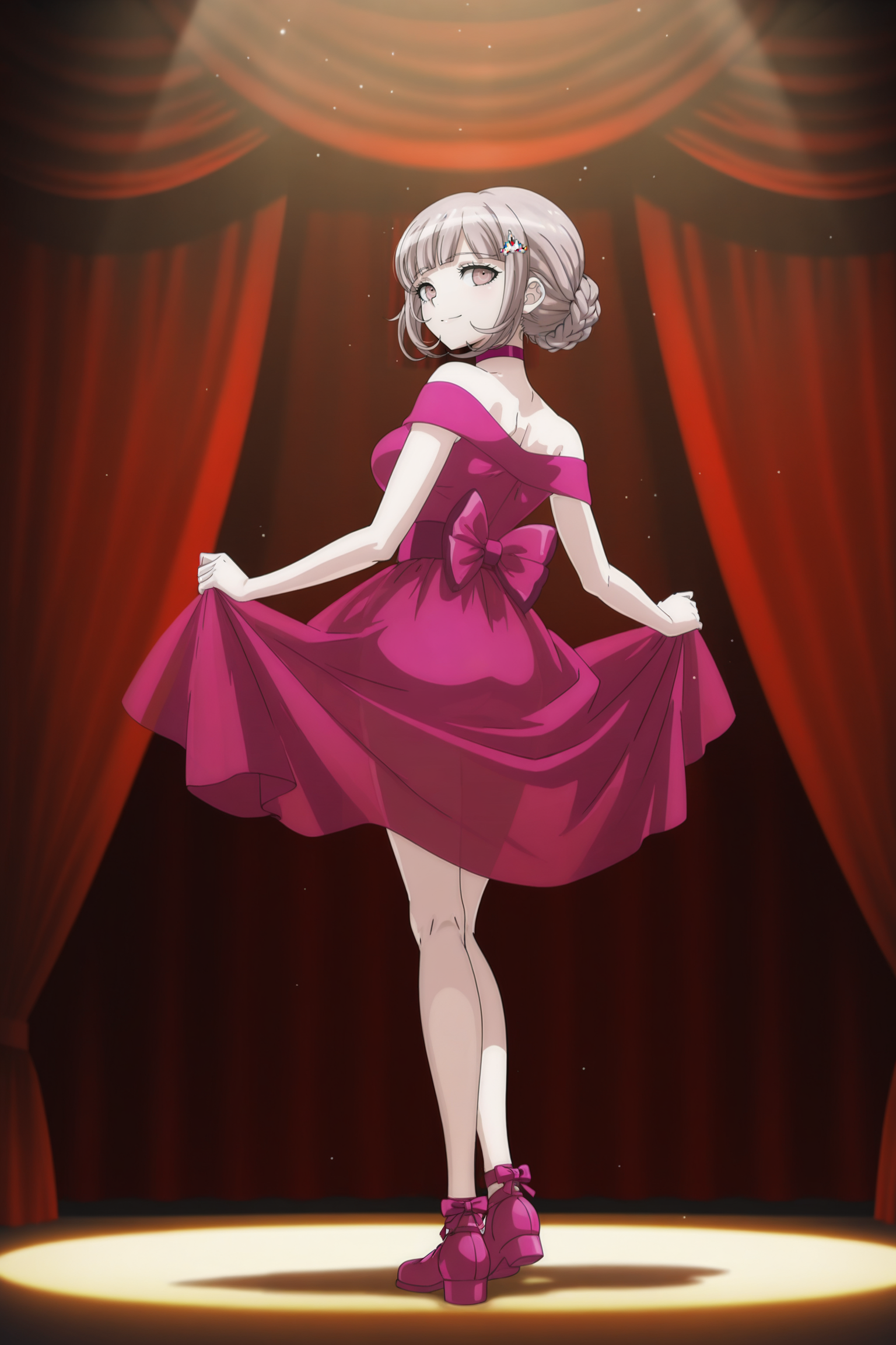 anime screencap, masterpiece, best quality, amazing quality, very aesthetic, absurdres,  newest, (scenery, volumetric lighting),
nanami chiaki, 10th anniversary, official style, 1girl, solo, breasts, looking back, smile, short hair, bangs, stage, light brown hair, hair ornament, red curtains, spotlight, bare shoulders, brown eyes, medium breasts, closed mouth, standing, collarbone, full body, shoes, see through frills, choker, hairclip, dress lift, blunt bangs, medium hair, pink eyes, off shoulder, hair bun, bare arms, dress grab, pink dress, off-shoulder dress, pink footwear,
light particles, 
 <lora:Chiaki_IL:0.8>
