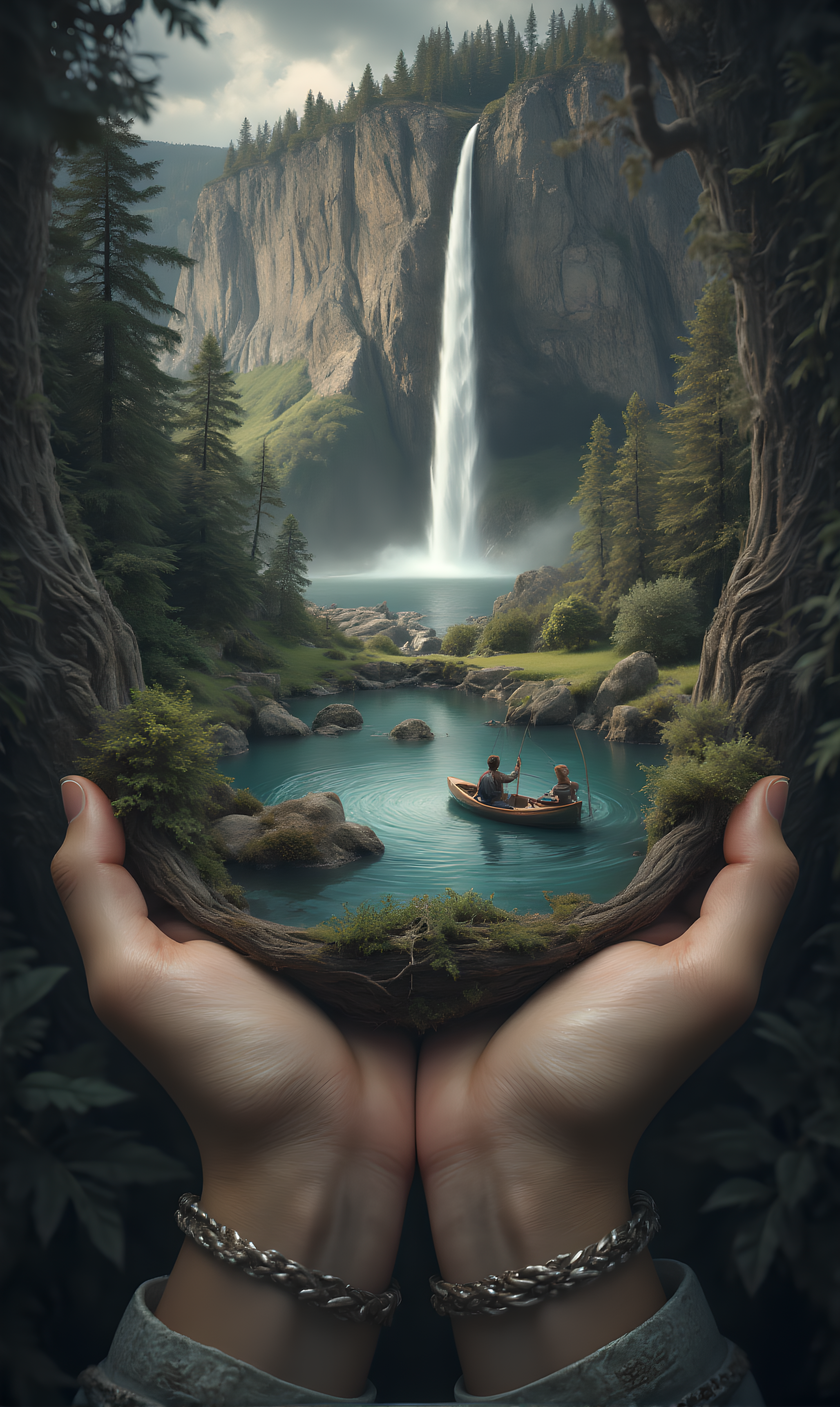 Create an intricately detailed and lifelike image depicting a pair of human hands tenderly cradling a miniature lake. On the surface of the lake, a small canoe floats with a fisherman leisurely casting his line. Towering above the hands, a dramatic cliff looms, from which a powerful waterfall plunges down, appearing to nourish the lake nestled in the palms. The entire composition should evoke a surreal, enchanting atmosphere, giving the impression that a fragment of a tranquil, picturesque landscape is being held gently by human hands