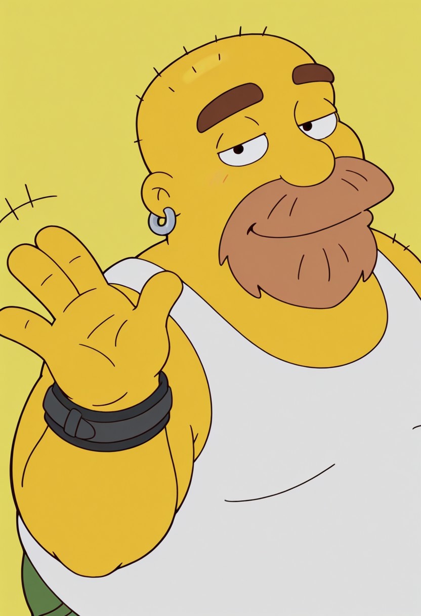 Sh4wn, yellow background, 1boy, solo, male, yellow skin, brown beard, bald, earring, black eyes, cartoon eyes, thick dark brown eyebrows, chubby, overweight, belly, fat, black bracelet, white tank top, green shorts, work boots, a brown leather boots, gray socks, BREAK, half eyes closed, looking at viewer, high angle, upper body, smile, closed mouth, waving at viewer, hand focus, upper body