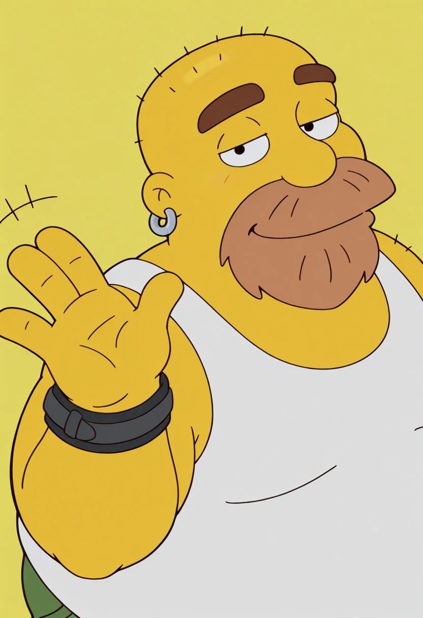Sh4wn, yellow background, 1boy, solo, male, yellow skin, brown beard, bald, earring, black eyes, cartoon eyes, thick dark brown eyebrows, chubby, overweight, belly, fat, black bracelet, white tank top, green shorts, work boots, a brown leather boots, gray socks, BREAK, half eyes closed, looking at viewer, high angle, upper body, smile, closed mouth, waving at viewer, hand focus, upper body