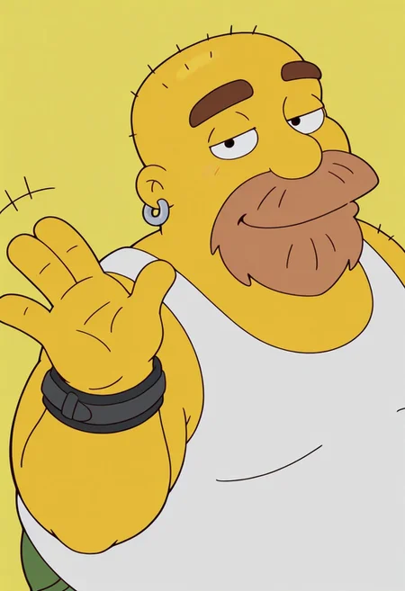 Sh4wn, yellow background, 1boy, solo, male, yellow skin, brown beard, bald, earring, black eyes, cartoon eyes, thick dark brown eyebrows, chubby, overweight, belly, fat, black bracelet, white tank top, green shorts, work boots, a brown leather boots, gray socks, BREAK, half eyes closed, looking at viewer, high angle, upper body, smile, closed mouth, waving at viewer, hand focus, upper body