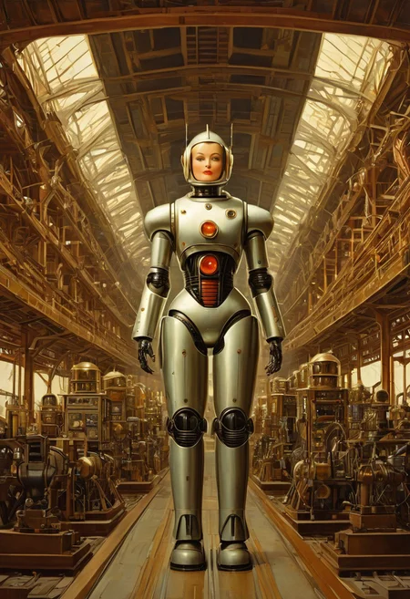 High-angle shot full length oil painting, etching, robot girl retro science fiction pinup girl, wearing a spacesuit , narrow waist, narrow hips, surreal perspective, unusual architecture, robot skin, vintage rocket background, short curly tousled hair, lipstick, eye liner, great legs, hyperdetailed, fine line details, antique art fantasy, viewed from above, hands up together for shrine praying, praying, pray,