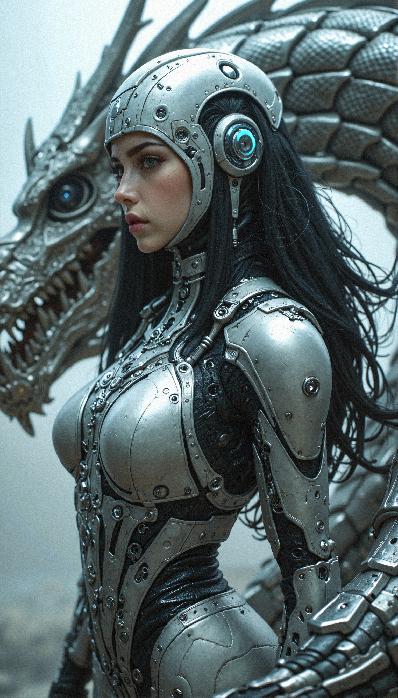 aidmaHyperrealism, aidmarealisticskin, Hollywood Cinematic Film style, epic photography, dramatic light, Kodak film style, close-up, 
hyperrealistic sci-fi warrior woman in a futuristic exoskeleton suit, intricate biomechanical silver-plated armor with transparent energy-core chest plating, cybernetic arms featuring mechanical fiber optic wiring and embedded nanotech circuitry, sleek metallic helmet with dragon-scale textures and advanced neural interface, glowing blue digital HUD display integrated into helmet visor, mechanical dragon coiling behind her with illuminated cybernetic scales, hyper-detailed facial features with soft yet battle-hardened expression, advanced robotics in the armor’s articulation, dramatic backlight casting reflections off polished surfaces, cinematic cyberpunk aesthetic, ultra-realistic texturing on metal and synthetic materials, glowing mechanical elements pulsing with energy.
 <lora:MoriiMee_Gothic_Niji_Style_FLUX:0.75>