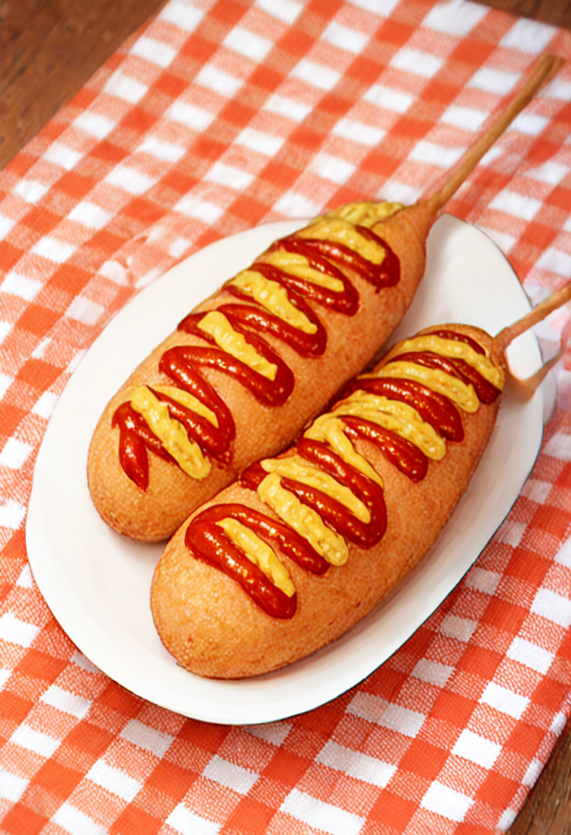 masterpiece, best quality, very aesthetic, absurdres,
american_dog, plate, no humans, food, food focus, still life, ketchup, plaid, plaid background, skewer
 <lora:american_dog_SDXL_V1:1>