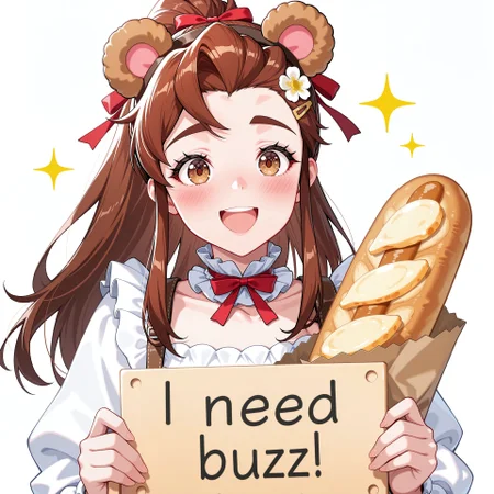 score_9, score_8_up, score_7_up, score_6_up, anime, beautiful, stunning, masterpiece, best quality, amazing quality,
brigitte (overwatch), brown hair, long hair, ponytail, brown eyes,
need_buzz, holding sign, need_buzz,
1girl, bread, food, hair ornament, animal ears, solo, smile, long hair, upper body, open mouth, two side up, cookie, looking at viewer, frills, bear ears, hairclip, ribbon, long sleeves, baguette, flower, collar, bag, bow, eyelashes, frilled collar, white shirt, shirt, fake animal ears, dress, red ribbon, puffy sleeves, :d, hair ribbon, blush, cheese, hair flower, collarbone, sparkle, detached collar