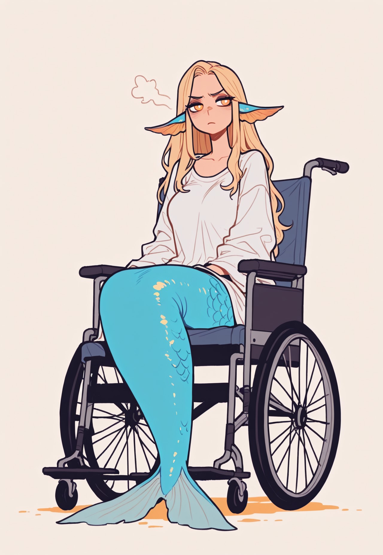 score_9, score_8_up, score_7_up, masterpiece, best quality, very aesthetic, incoth, (incase:0.6), detailed face, (dynamic:1), 1woman, blonde hair,  long hair, golden eyes, white pupils, aquatic ears, (mermaid:1.1), sitting in wheelchair, (annoyed:0.8), oversized shirt, mature, Flatline, Flat vector illustration, (lips:0.3)
