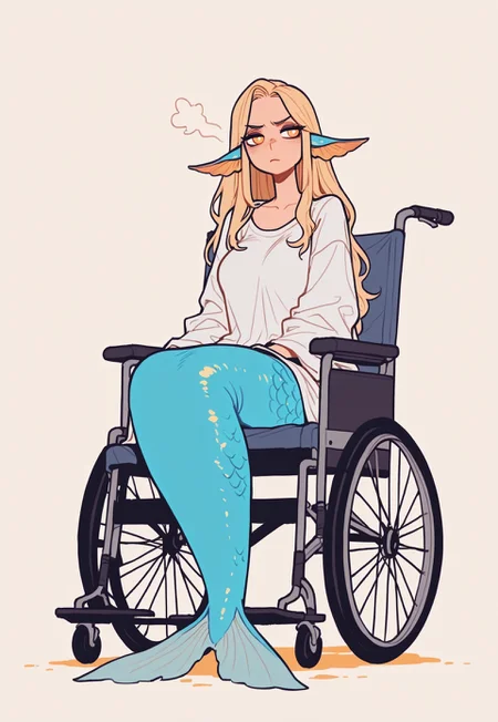 score_9, score_8_up, score_7_up, masterpiece, best quality, very aesthetic, incoth, (incase:0.6), detailed face, (dynamic:1), 1woman, blonde hair,  long hair, golden eyes, white pupils, aquatic ears, (mermaid:1.1), sitting in wheelchair, (annoyed:0.8), oversized shirt, mature, Flatline, Flat vector illustration, (lips:0.3)
