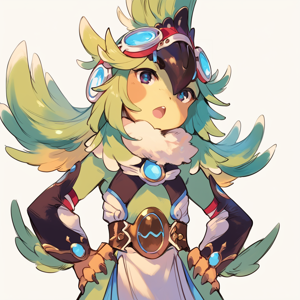 (score_9:0.9),score_8_up,score_7_up,anime style,rating_safe,(zPDXL),<lora:XB2 Finch ponyXL v2:0.75>,finch, 1girl, solo, open mouth, simple background, hands on own hips