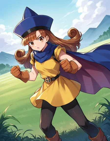 score_9, score_8_up, score_7_up, source_anime,
dqalena, <lora:dq-alena-ponyxl-lora-nochekaiser:1>,
alena, brown eyes, brown hair, curly hair, long hair,
cape, dress, gloves, hat, pantyhose, yellow dress, scarf, short sleeves,
outdoors, plains, grass, fighting stance,
looking at viewer, dutch angle, cowboy shot,