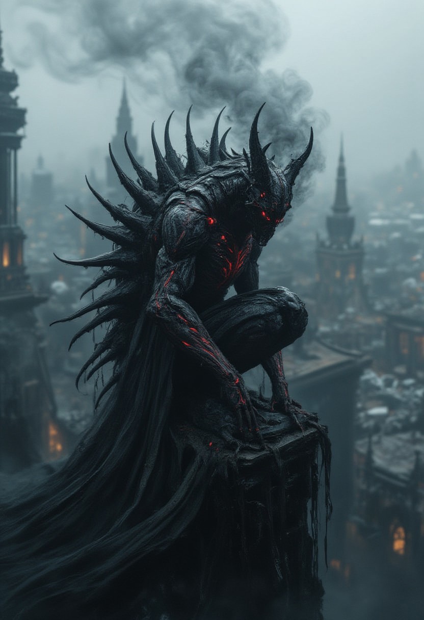 horror show, monster, nightmare, fear, 
A dark, humanoid figure with glowing red streaks and sharp, elongated spikes protruding from its back. The figure is perched on the edge of a high structure, overlooking a misty cityscape with various architectural buildings. The atmosphere is eerie, with a smoky aura emanating from the figure, blending with the misty backdrop.