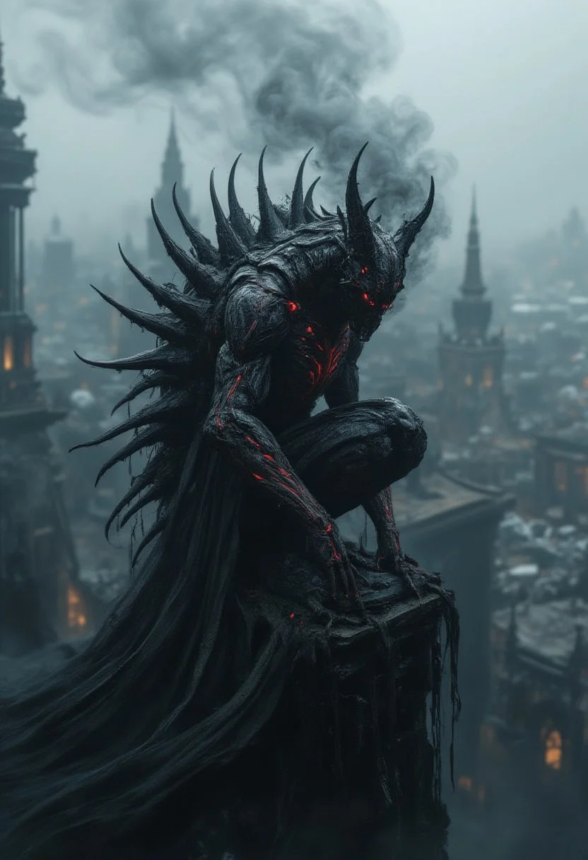 horror show, monster, nightmare, fear,
A dark, humanoid figure with glowing red streaks and sharp, elongated spikes protruding from its back. The figure is perched on the edge of a high structure, overlooking a misty cityscape with various architectural buildings. The atmosphere is eerie, with a smoky aura emanating from the figure, blending with the misty backdrop.