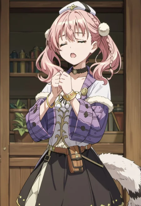 score_9, score_8_up, score_7_up, source_anime, escha malier, twintails, pink hair, green eyes, 1girl, solo, hat, closed eyes, skirt, braid, tail, choker, open mouth, bracelet, jewelry, black skirt
