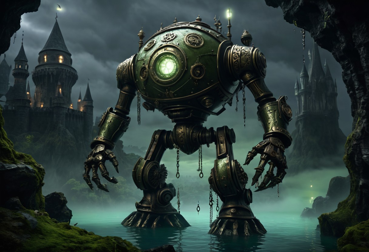 giant bipedal robot olive green and dark red stripes and bronze silver paisley robot. lacy robot submarine head. outside of a steampunk keep. large detailed torso. dark image. one forty foot tall ancient robot with great arms and two heavy spring legs. dark foggy night background. $dark foggy night image only. dark photo realistic image. steampunk details. cogs, chains and pipes incorporated in the fantasy buildings. magic wizards tower in background. Dark swamp, moss, castle ruins, wizards tower. stormy dark night. small floating robot ball in swamp