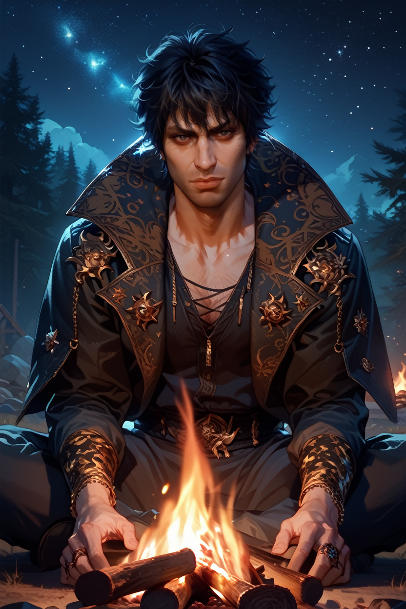 score_9, score_8_up, score_7_up, score_6_up
<lora:BGGortash:0.8>
BGGortash, 1boy, short hair, black hair, looking at viewer, sitting by a campfire under the stars, wearing a rugged jacket, the glow of the fire on his face, serene and introspective mood, surrounded by nature