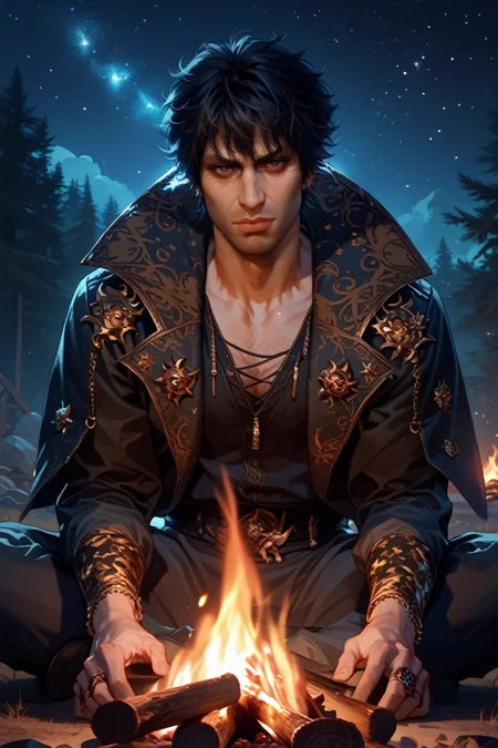 score_9, score_8_up, score_7_up, score_6_up
<lora:BGGortash:0.8>
BGGortash, 1boy, short hair, black hair, looking at viewer, sitting by a campfire under the stars, wearing a rugged jacket, the glow of the fire on his face, serene and introspective mood, surrounded by nature