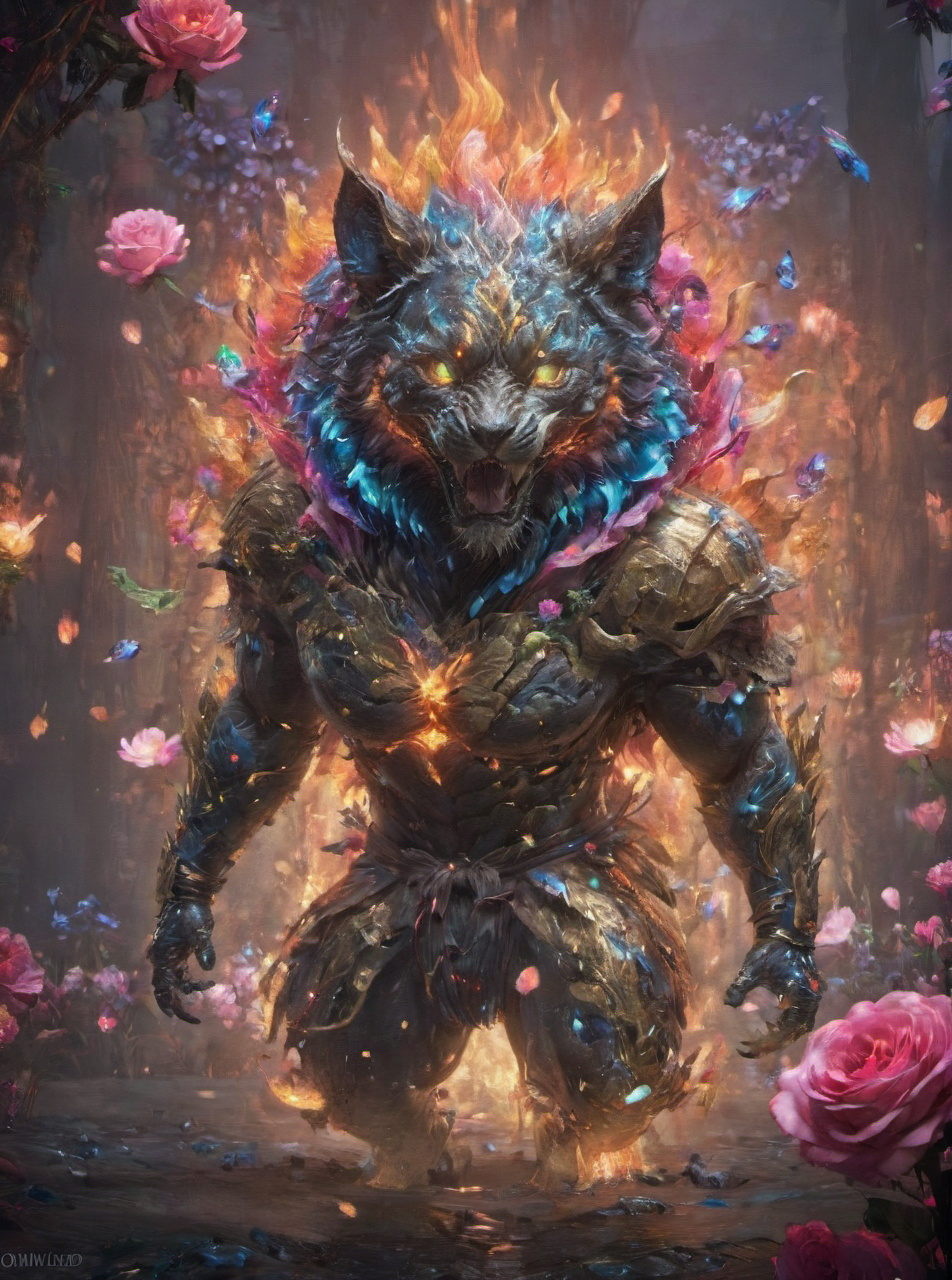 tiger,hyperdetailed photography,awardwinning,masterpiece,epic,trending on artstation,raw photo,128k UHD,sharp focus,bokeh,50nm lens,solo,hyperrealism,absurd res,private photo press,aesthetic,<lora:darksoulsstyle-000005:0.6>,glowing,rainbow color yokai form,clovers,roses,<lora:betmd2:0.6> betmd, <lora:niohxlyaki2-step00000420:0.8>,niohxlyaki