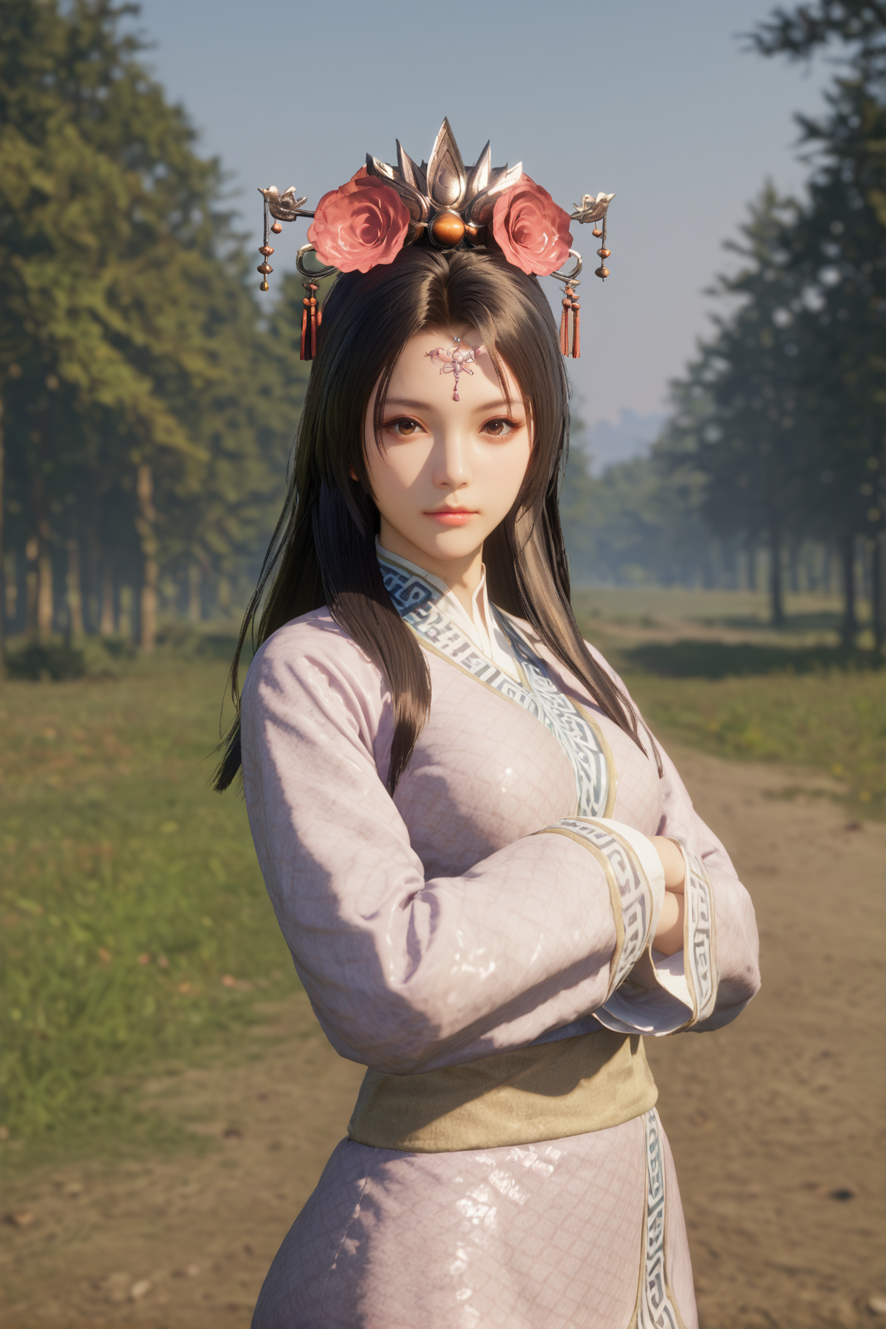 score_9, score_8_up, score_7_up, Posing with arms folded,<lora:Yu_Meiren_Dynasty_Warriors:0.8> 1girl, solo, black hair, long hair, hair ornament, hair flower, brown eyes, chinese clothes, long sleeves, outdoors, looking at viewer