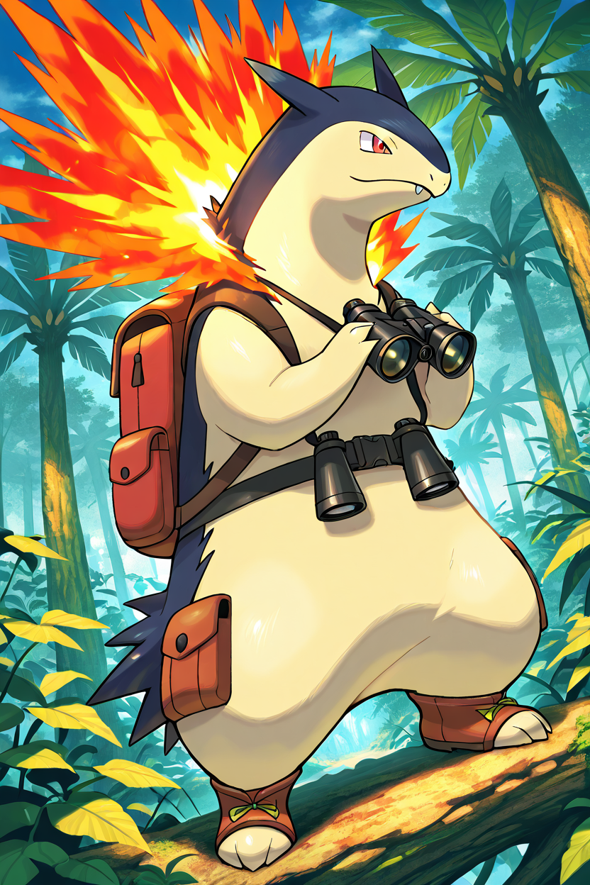masterpiece, best quality,   no humans, pokemon (creature), fire,  <lora:TyphlosionPokedexIXL:1.0>,   Jungle Exploration, zzTyphlosion wearing cargo shorts, jungle boots, backpack, binoculars, tropical plant, thick tree, wild animal, hot humid environment, adventurerâs attitude