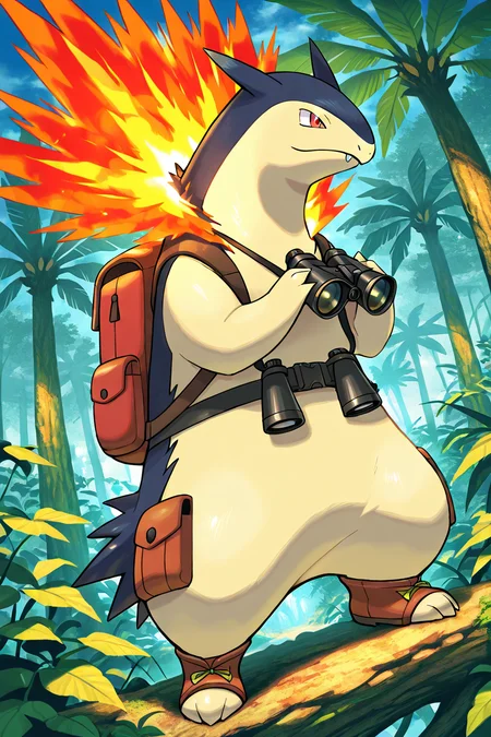 masterpiece, best quality, no humans, pokemon (creature), fire, <lora:TyphlosionPokedexIXL:1.0>, Jungle Exploration, zzTyphlosion wearing cargo shorts, jungle boots, backpack, binoculars, tropical plant, thick tree, wild animal, hot humid environment, adventurerâs attitude