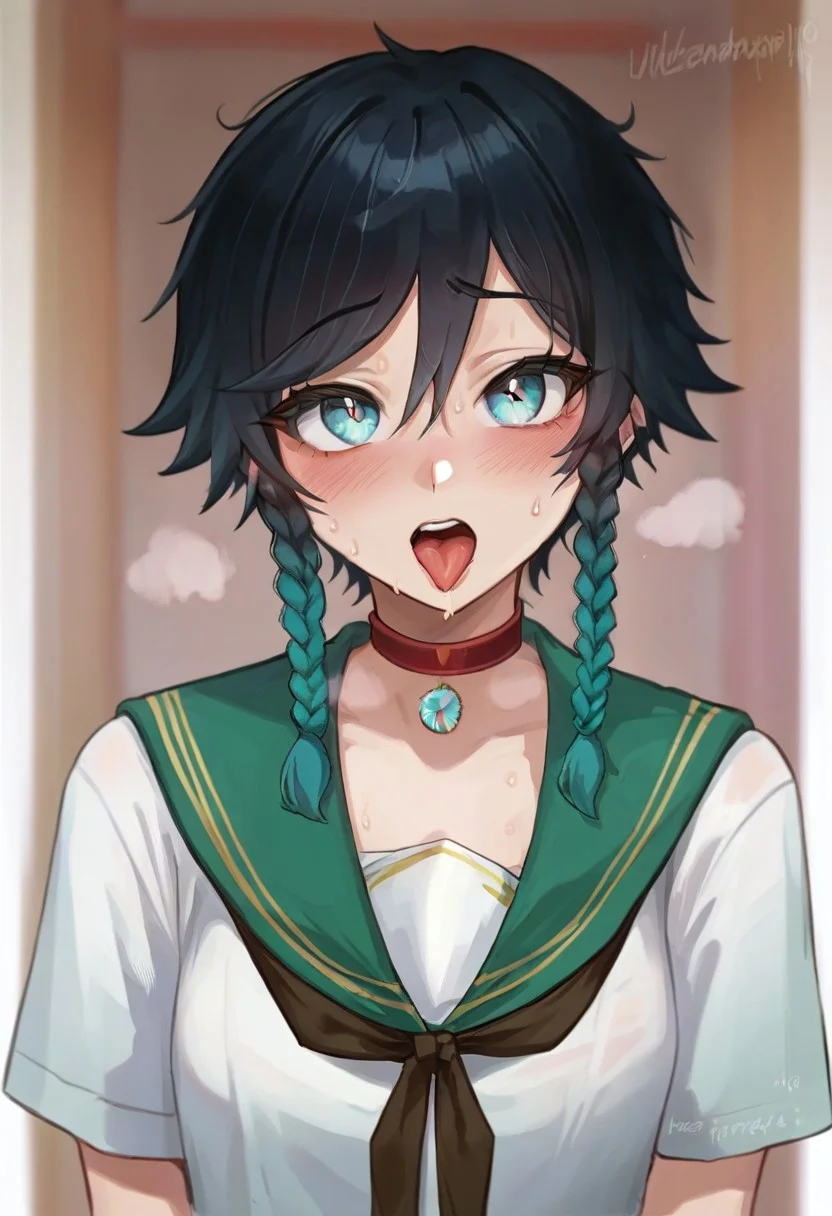 score_9, score_8_up, score_7_up, Mevak_PS, source_anime, hi res, masterpiece, best quality, highres, female focus, red choker, serafuku, blush, open mouth, tongue out, looking at viewer, blue sailor collar, short sleeves, upper body, collarbone, teeth, shirt, heart choker, sweat, neckerchief, zPDXL,  zPDXLxxx, venti (genshin impact), twin braids,