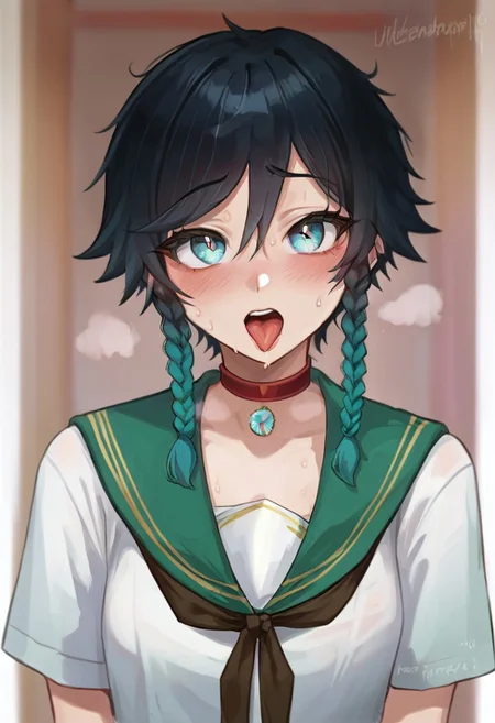 score_9, score_8_up, score_7_up, Mevak_PS, source_anime, hi res, masterpiece, best quality, highres, female focus, red choker, serafuku, blush, open mouth, tongue out, looking at viewer, blue sailor collar, short sleeves, upper body, collarbone, teeth, shirt, heart choker, sweat, neckerchief, zPDXL, zPDXLxxx, venti (genshin impact), twin braids,