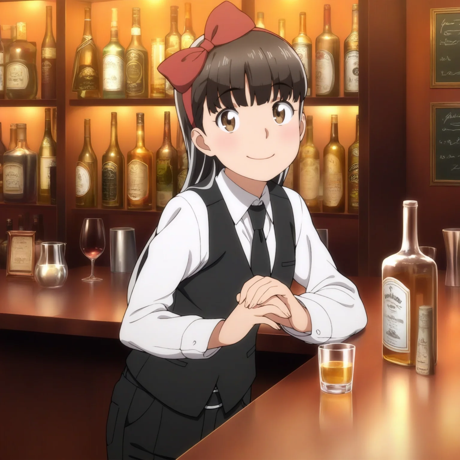 masterpiece, best quality, score_9,
 <lora:Hitomi_hinamatsuri_v11:1>, hitomi_il, 1girl, solo, brown_hair, bangs, hair_between_eyes, brown_eyes, long_hair, hair_ribbon, black_vest, white_collared_shirt, black_tie, black_pants, cowboy shot, bar, alcohol, faint smile, looking at viewer
