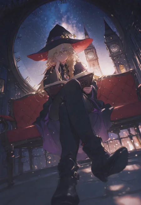 Wide shot, 1girl, France braid, long hair, swept bang, blonde hair, freckle, glasses, Wizard, witch hat, holding book, head rest, crossed legs, sitting on sofa, rooftop, huge clock tower, night, stars, looking at viewer, BREAK konya karasue, ma1ma1helmes_b_illu,sketch, r17329_illu,
BREAK styling pose, fashion pose, sexy posing, dynamic angle, bloom, soft lighting,
BREAK perfect details, masterpiece, best quality, ultra-detailed, best illustration, high resolution, extremely detailed CG, unity 8k wallpaper, textile shading, super detailed skin, perfect anatomy, detailed, cinematic lighting, dynamic lighting, light particles, beautiful detailed eyes, absurdres, very aesthetic, detailed background, depth of field
