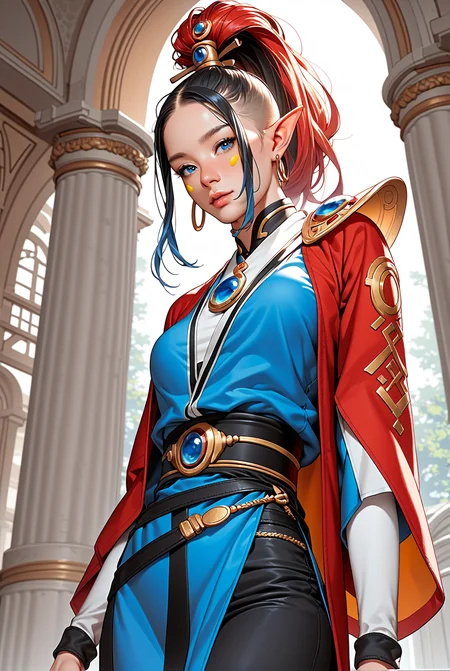 score_9, score_8_up, score_7_up, score_6_up, score_5_up, score_4_up, source_anime, <lora:aeldari_Pony_2:1> aeldari, asuryani, (seer), aeldari's shoulder armor, 1girl, solo, long ponytail with shaved temples hair, looking at viewer, very horny smille face, blue eyes, black hair, ponytail with shaved temples, medium breasts, pointy ears, piercing, elf, from below, Very skinny and wiry