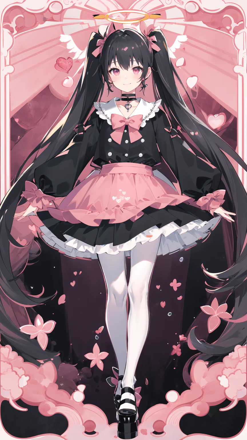 masterpiece, best quality, 1girl, solo, long_hair, from top, light smile, panorama, perspective, looking_at_viewer, bangs, skirt, shirt, black_hair, long_sleeves, bow, ribbon, twintails, hair_bow, heart, pantyhose, frills, shoes, choker, blunt_bangs, black_skirt, pink_eyes, halo, frilled_skirt, pink_bow, platform_footwear, pink_theme, jirai_kei, full body, <lora:animetarotV41:1>, pink background